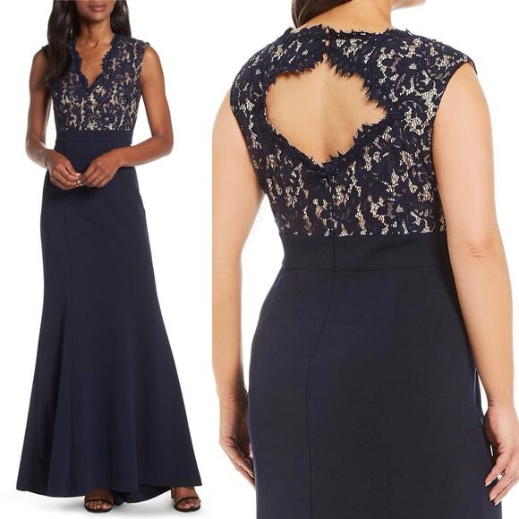 Eliza J Lace Beaded Bodice Navy Trumpet Flattering Evening Gown 20W NWT - Picture 1 of 10